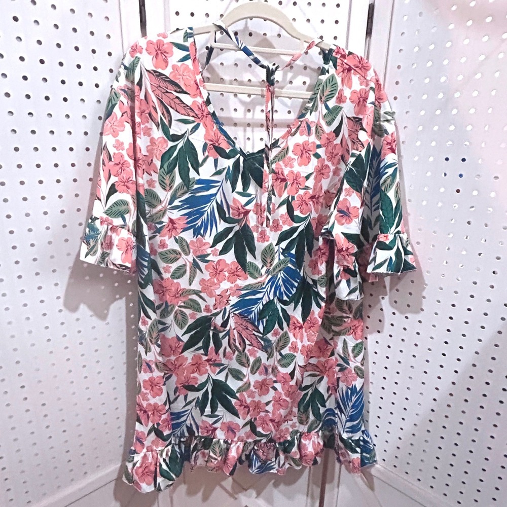 Womens Tropical Floral Print Tunic Top Ruffle Sleeve V Neck Tie‎ Back